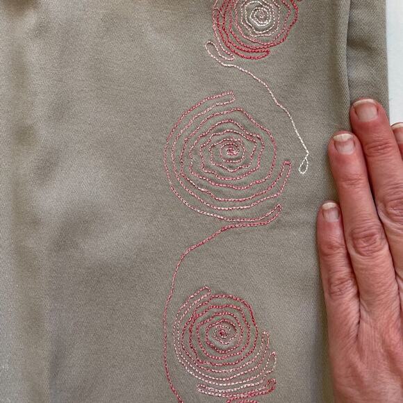 Cotton Stretch Tan/Neutral Cropped Chinos with Pink Floral Embroidery, Size 10 - Picture 5 of 10